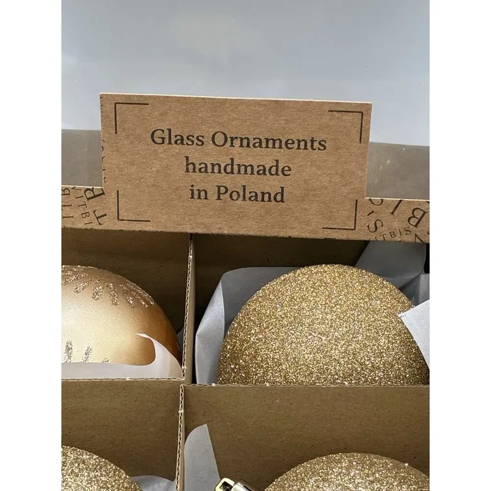 Vitbis Poland Glass Christmas Ornaments Set/6 Gold Glitter Handmade